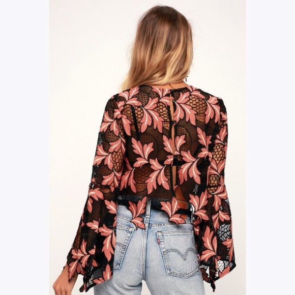 LULU’s Whisper In Your Ear Embroidered Bell Sleeve Crop Top Coral/Black M - Picture 3 of 7